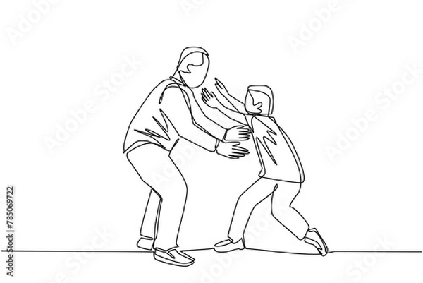 Obraz one line drawing, A young man and a boy run face to face while preparing to hug