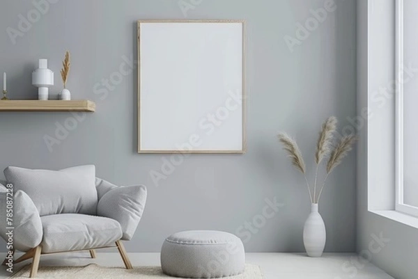 Fototapeta Poster frame mock-up in home interior on green background with rattan chair and decor in living room, 3d render. Beautiful simple AI generated image in 4K, unique.