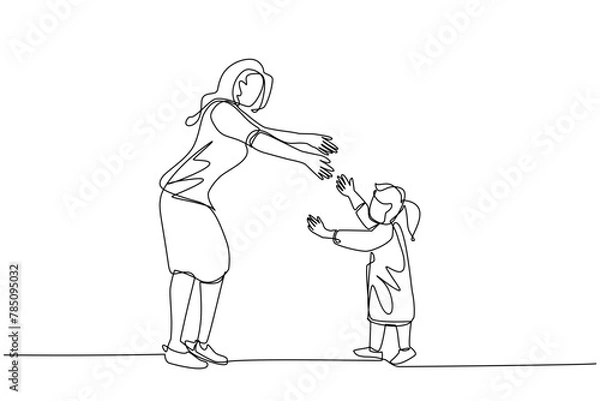 Fototapeta A single continuous line, illustrating	A young woman and a girl walk face to face while preparing to hug. both hands reached out to each other. young woman with long hair. girl with long hair in pigta