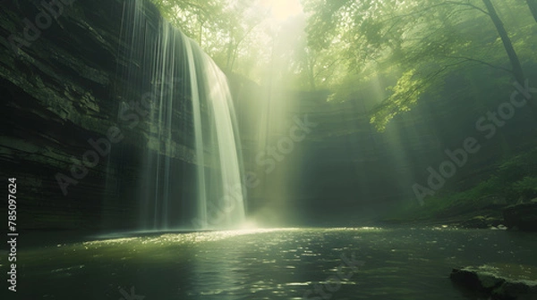 Fototapeta Misty morning shot of waterfall with fog in nature landscape