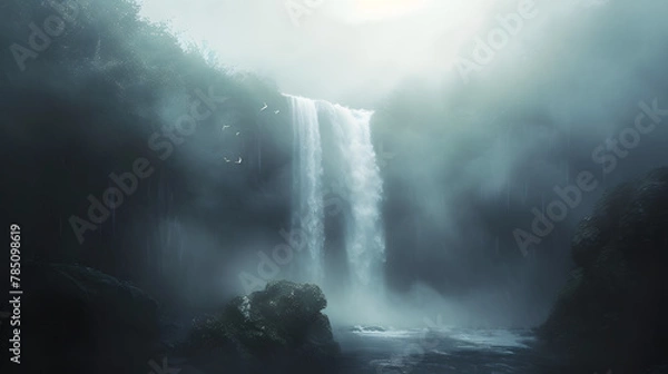 Obraz Misty morning shot of waterfall with fog in nature landscape
