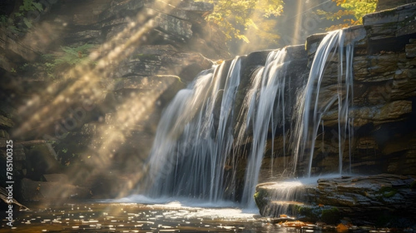 Obraz Misty morning shot of waterfall with fog in nature landscape