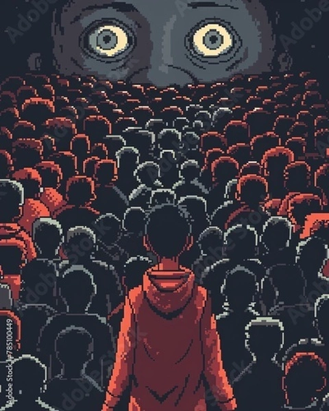 Fototapeta A pixel art piece illustrating the concept of shame, with a character shrinking in a crowded space surrounded by judgmental eyes Use a limited color palette to emphasize the emotion