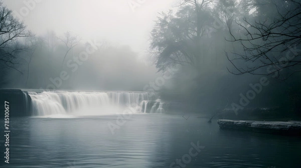 Obraz Misty morning shot of waterfall with fog in nature landscape