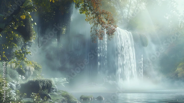 Obraz Misty morning shot of waterfall with fog in nature landscape