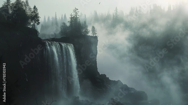 Obraz Misty morning shot of waterfall with fog in nature landscape