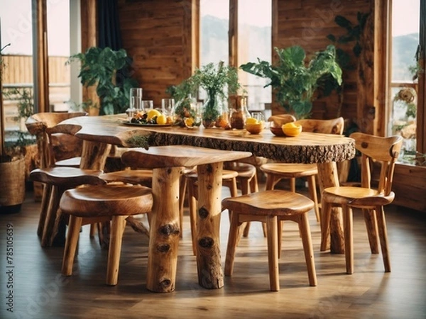Obraz Handmade wooden log furniture, dining table and chairs. Rustic interior design of modern living room. home interior design of modern living room