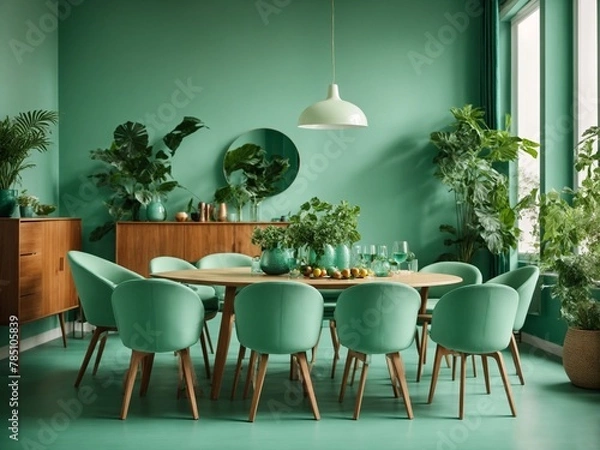 Obraz Mint color chairs at round wooden dining table in room with sofa and cabinet near green wall. Scandinavian, mid-century home interior design of modern living room