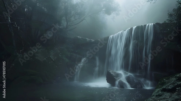 Obraz Misty morning shot of waterfall with fog in nature landscape