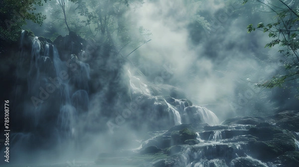 Obraz Misty morning shot of waterfall with fog in nature landscape