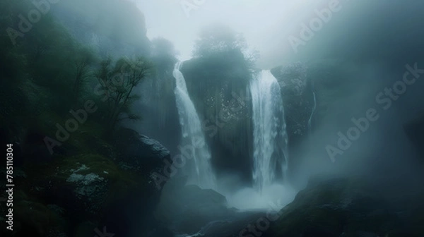 Obraz Misty morning shot of waterfall with fog in nature landscape