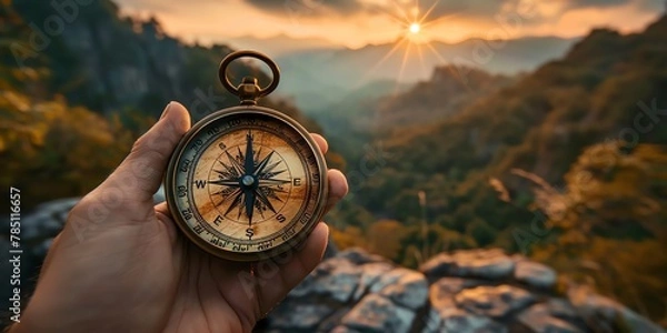 Obraz A hand holding a compass with a beautiful sunset in the background