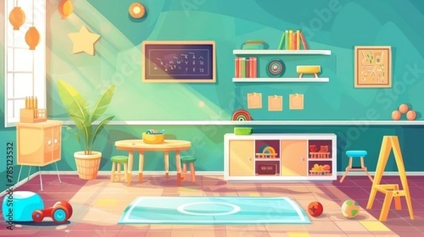 Fototapeta An animated parallax background for a kids playroom with montessori toys, furniture, shelves, and equipment for games and studies. Modern illustration for game animation.