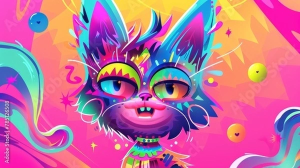 Fototapeta Poster featuring psychedelic stickers on a pink background. Cartoon acid illustrations feature cat with three eyes and emoticons.
