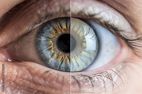Fototapeta Split image of a normal human eye and cataract condition.
