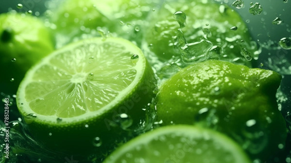 Fototapeta Morceaux de citrons verts, agrume sur un fond d'eau avec éclaboussure d'eau. Fruit, sain, délicieux, acide. Jus de fruit, boisson. Pour conception et création graphique.