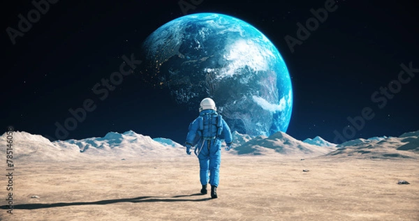 Obraz Astronaut Walking On The Moon. Blue Planet Earth Visible. Space Exploration. Lunar Station.