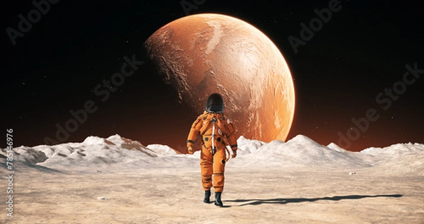 Obraz Male Astronaut in Space Suit Confidently Walking On An Alien Planet. Red Planet Mars Is Visible In Sky.