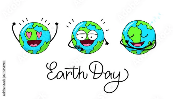 Fototapeta Set Earth character. Emotions mascot globe. Collection save planet. Vector illustration