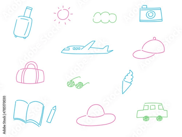 Fototapeta 旅行のゆるい線画イラストセット（線画のみ、カラフル）