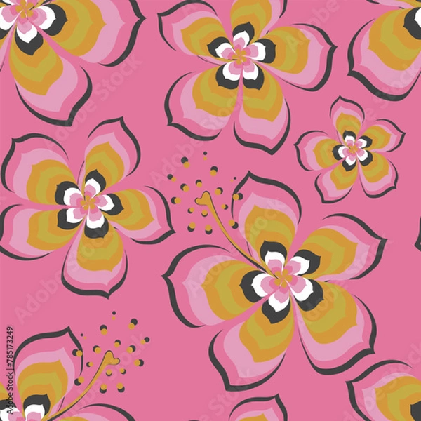 Obraz Fantasy flowers with colorful petals on a bright pink background form a seamless cute pattern for textiles, wrapping paper. Vector.