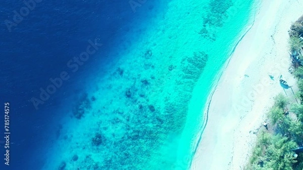 Fototapeta Aerial shot of  coral reefs under tranquil water in the sea and a whtie sandy beach