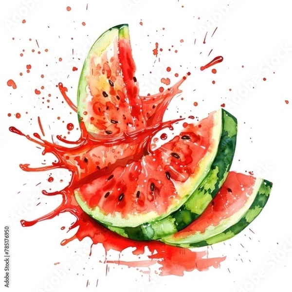 Fototapeta Exuberant watercolor splashes bring to life this vibrant depiction of watermelon slices