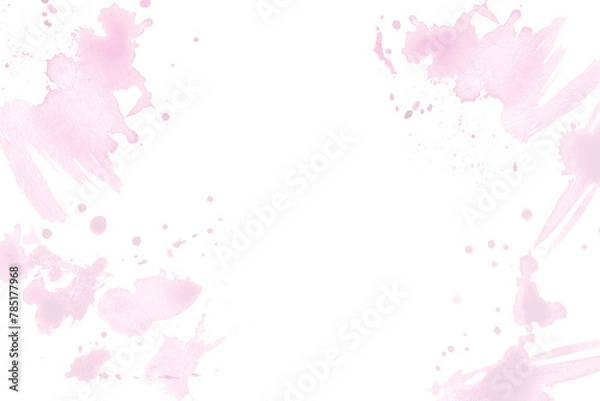 Fototapeta Watercolor rectangular frame or banner with illustration of delicate blue and pink abstract splashes stains in round. Handmade, isolated