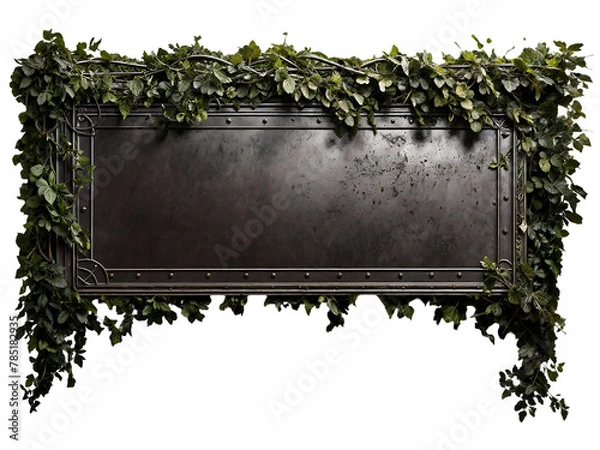 Fototapeta Weathered blank rusted metal sign overgrown with vines and foliage on a transparent background. Post-apocalyptic blank grunge metal sign background with copy space.