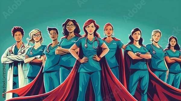 Fototapeta Cartoon style illustration of nurses as super heroes on green color background , uniform with heroes costumes 