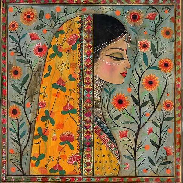 Fototapeta Colorful traditional Madhubani art from India of a woman in a sari on a textured background.