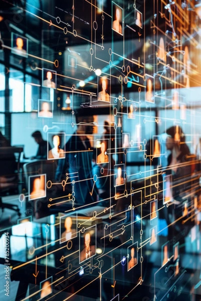 Fototapeta Human icons connect to each other on an office background