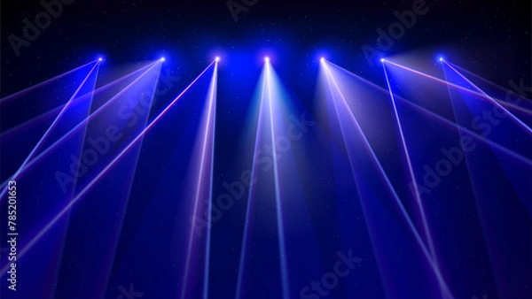 Fototapeta Laser light show. Bright led laser beams, dj light party. Illuminated blue stage, led strobe lights. Background, backdrop for displaying products. Vector illustration