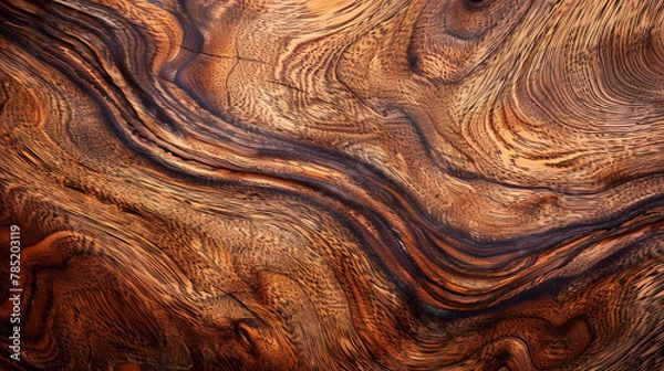 Fototapeta Rich mahogany wood texture with swirling grain patterns. Warm cinnamon brown stained background for luxury design concepts
