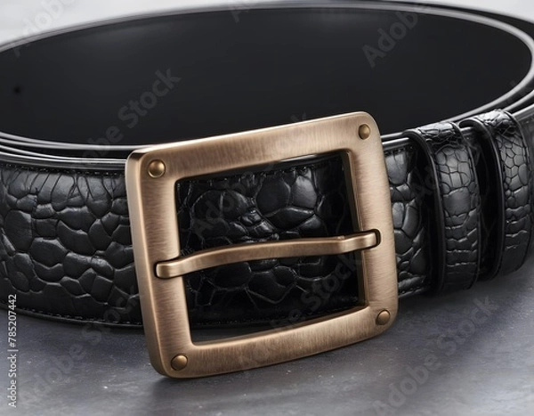 Obraz Black Leather Belt: Close-Up on Buckle and Texture. Detailed view of a black leather belt, focusing on the buckle and leather texture. This close-up emphasizes the belt's craftsmanship 