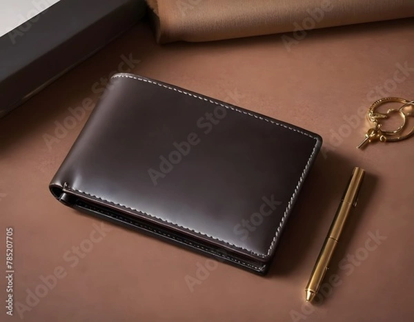 Obraz Smooth Surface of a Plain Leather Wallet. A close-up view of a plain leather wallet's smooth surface, with a focus on the leather texture and quality craftsmanship. 