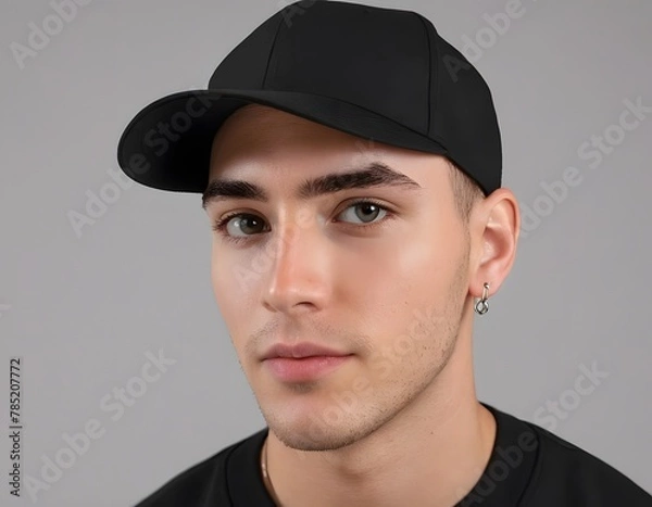 Obraz Plain Black Baseball Cap on a Person.  A close-up of a plain black baseball cap worn by a person, focusing on the cap's front panel. The person's face is not in the frame