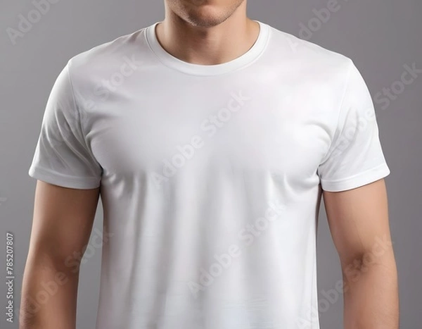 Obraz Blank White T-Shirt on a Model. detailed close-up of a blank white t-shirt worn by a model, focusing on the chest area to emphasize the smooth, undecorated fabric. 