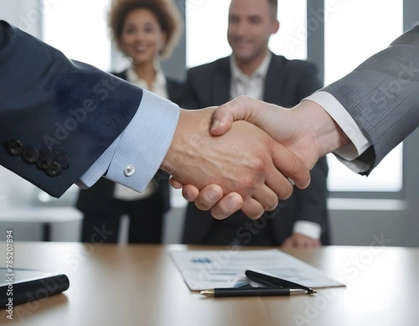 Obraz Handshake Closing a Deal. two business professionals shaking hands over a polished office table, symbolizing the closing of a deal. The focus is on the handshake, with documents and digital devices