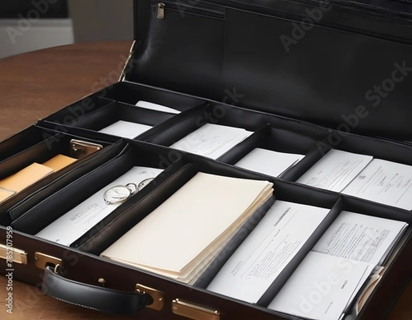 Obraz Organizing Documents in a Briefcase. documents and folders in a leather briefcase, with the focus on the sorting and placement of important business papers.