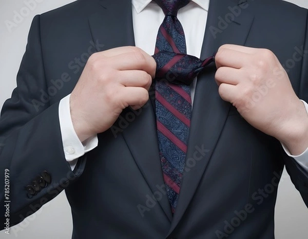 Obraz Adjusting a Tie Before a Business Meeting. getting ready for a business meeting. The focus is on the precise movement of tightening the knot and the fabric's texture, set against the backdrop