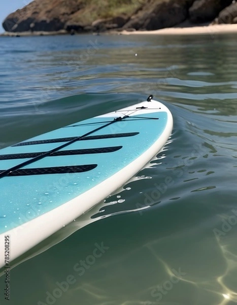 Obraz Close-Up of a Paddleboard Paddle in Water. with droplets of water cascading off the edge. The paddle and the water's surface are in sharp focus, showcasing the interaction between the paddle and water