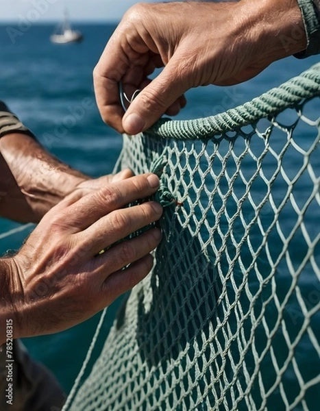 Obraz fisherman's hands repairing a fishing net, with the focus on the fingers threading a needle through the mesh. The texture of the net and the meticulous work involved are highlighted 