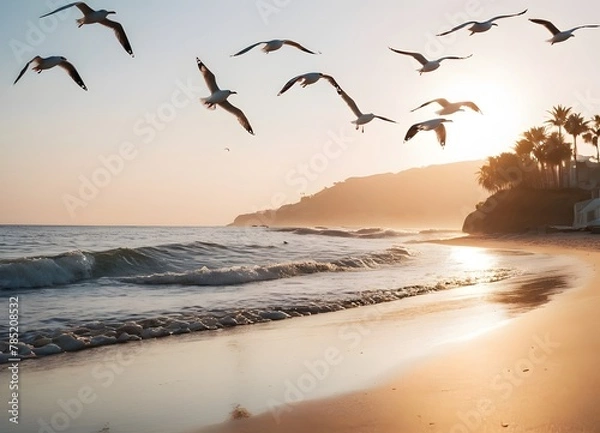 Obraz Seagulls Flying Over the Shoreline at Dawn. The early morning light softly illuminates the beach, with seagulls in mid-flight over the gentle waves. The tranquility of the scene, with the soft colors 