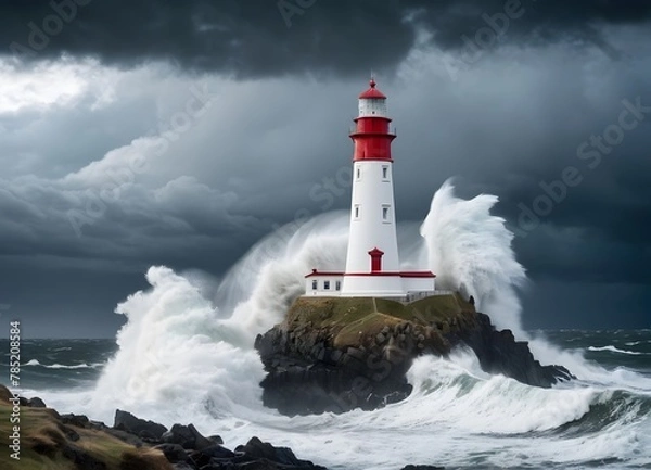 Obraz lighthouse standing tall on the coast, overlooking a stormy sea. The waves are crashing against the shore with intensity, and dark clouds loom overhead. The lighthouse emits a powerful beam of light
