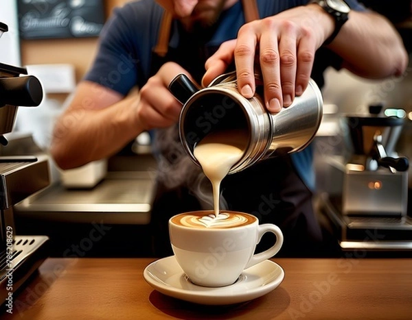 Obraz Coffee Shop Barista Pouring Latte Art. pouring steamed milk into a cup of espresso in a busy, modern coffee shop. The moment captures the creation of latte art, showing a delicate leaf pattern forming