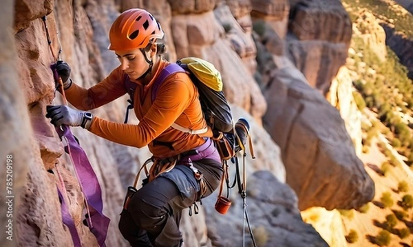 Obraz Rock Climber Scaling Cliff at Sunset. equipped with safety gear, is scaling a steep cliff face at sunset. The last rays of the sun paint the landscape in vibrant oranges and purples