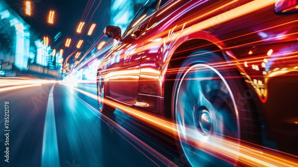 Fototapeta Rear view of Futuristic Car with high fast and speed through neon mega cyber city background, High acceleration car on tack with glowing light trails, night scene neon.