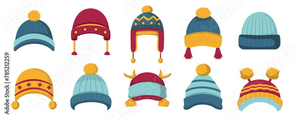 Fototapeta Sport ski snowboarding hats collection, set of autumn or winter cap, knit hat vector illustration, isolated on white background
