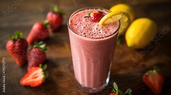 Fototapeta Refreshing post workout recovery shake with strawberries and lemon